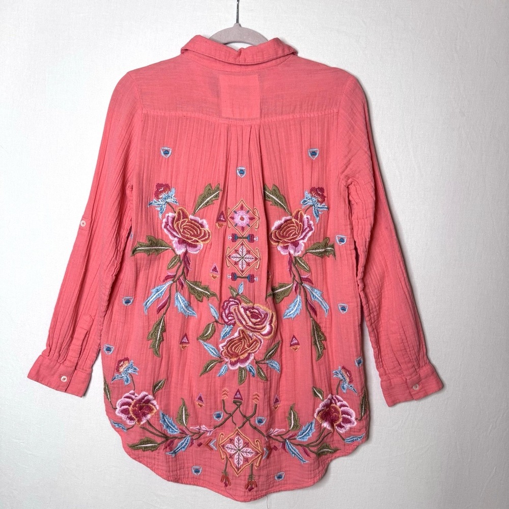 Anthropologie Kyla Seo‎ Floral Embroidered Tunic XS Pink Gauze Cotton Cottage
